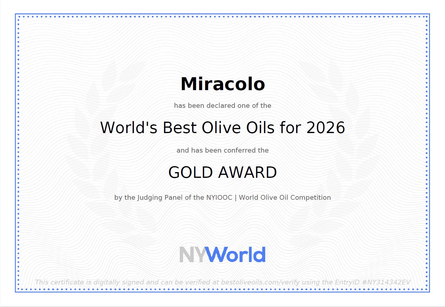miracolo attestato premio ny